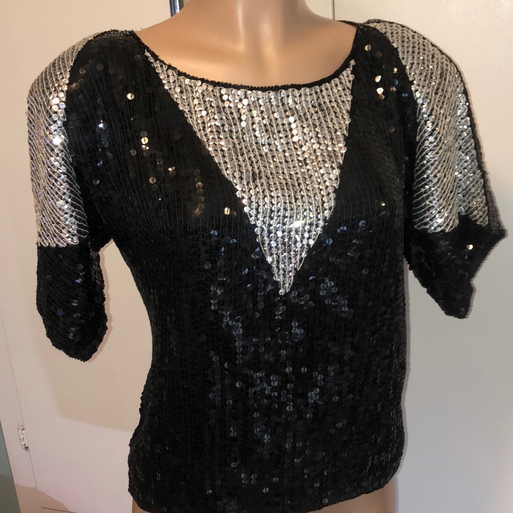 J.L.B Silk black/silver sequined , size Small Womens blouse